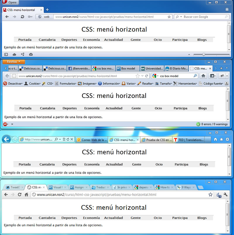 Visualización del menu en 4 navegadores