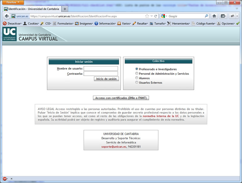 Vista del login del CampusVirtual de la UC con navegador